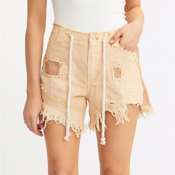 Free People Distressed Patchwork Shorts | Boho Festival Lace Frayed Hem XS - Picture 1 of 9